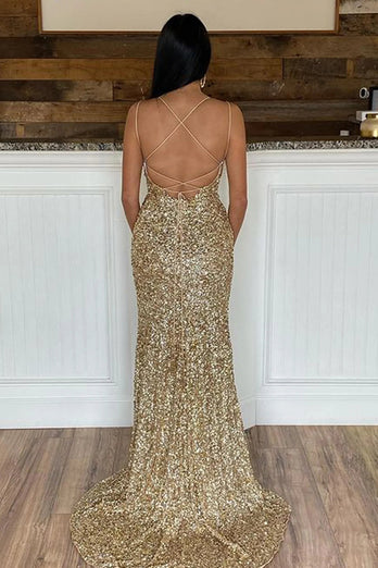 Sparkly Golden Mermaid Backless Long Formal Dress with Slit