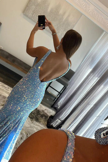 Mermaid Deep V Neck Purple Sequins Formal Dress with Open Back