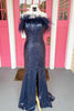 Load image into Gallery viewer, Light Blue Sparkly Sequins Off the Shoulder Long Formal Dress with Feathers