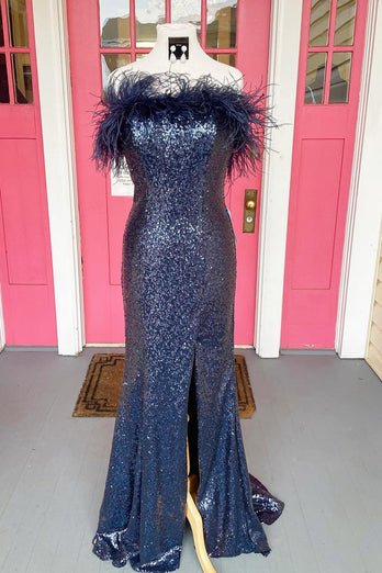 Light Blue Sparkly Sequins Off the Shoulder Long Formal Dress with Feathers