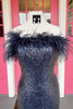 Load image into Gallery viewer, Light Blue Sparkly Sequins Off the Shoulder Long Formal Dress with Feathers