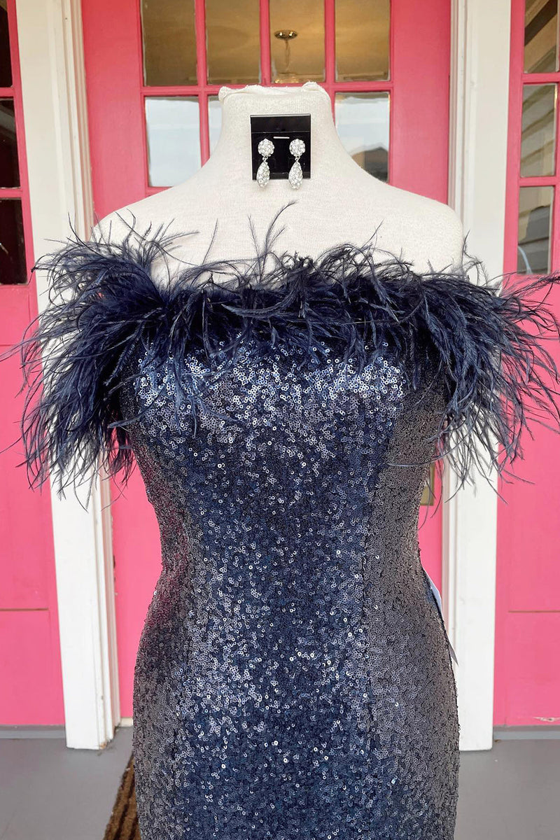 Load image into Gallery viewer, Light Blue Sparkly Sequins Off the Shoulder Long Formal Dress with Feathers