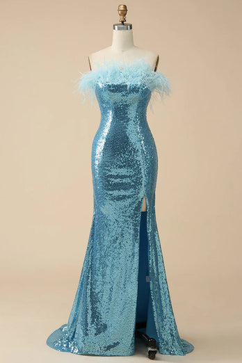 Light Blue Sparkly Sequins Off the Shoulder Long Formal Dress with Feathers