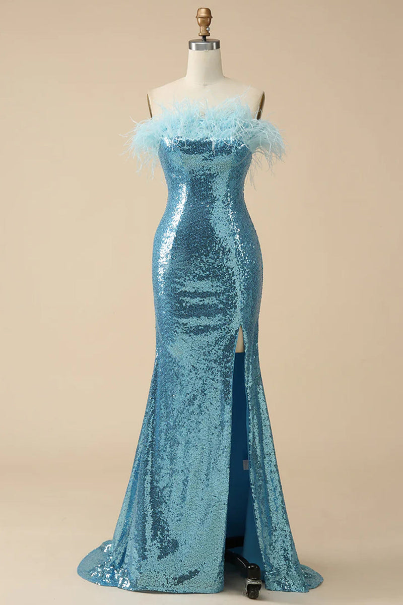 Load image into Gallery viewer, Light Blue Sparkly Sequins Off the Shoulder Long Formal Dress with Feathers