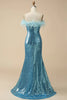 Load image into Gallery viewer, Light Blue Sparkly Sequins Off the Shoulder Long Formal Dress with Feathers