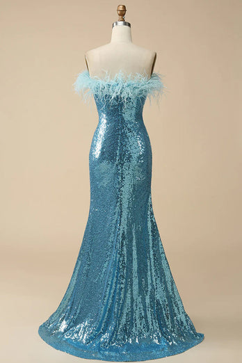 Light Blue Sparkly Sequins Off the Shoulder Long Formal Dress with Feathers