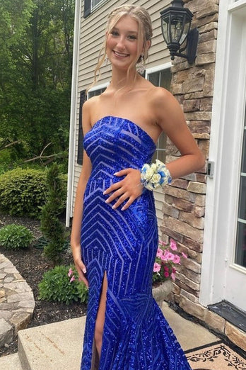 Sky Blue Sequins Strapless Long Formal Dress