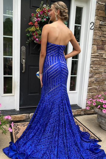 Sky Blue Sequins Strapless Long Formal Dress