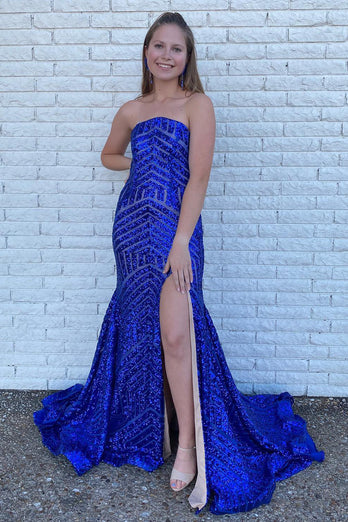 Sky Blue Sequins Strapless Long Formal Dress