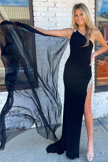 Mermaid One Shoulder Black Long Formal Dress with Split Front