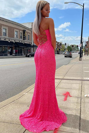 Sparkly Fuchsia Backless Sequins Long Formal Dress with Slit