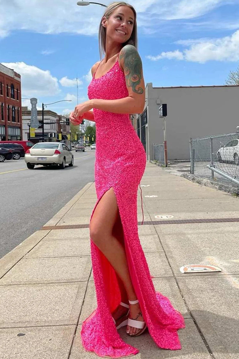 Load image into Gallery viewer, Sparkly Fuchsia Backless Sequins Long Formal Dress with Slit