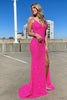 Load image into Gallery viewer, Mermaid V Neck Fuchsia Sequins Long Formal Dress