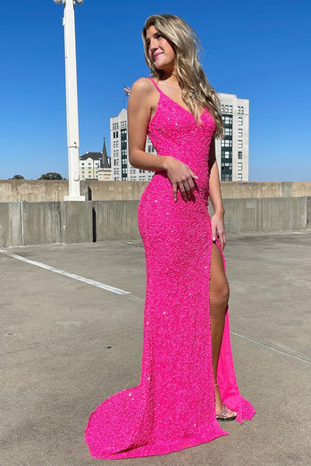 Mermaid V Neck Fuchsia Sequins Long Formal Dress