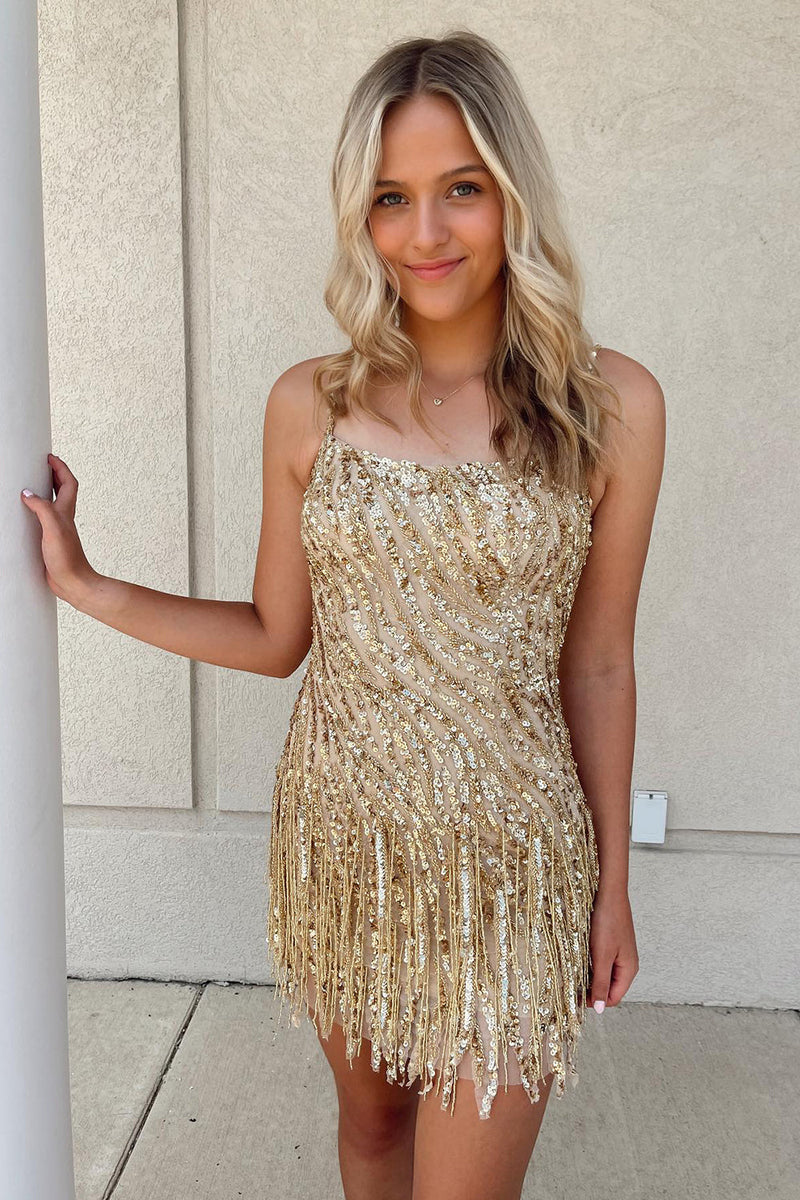 Load image into Gallery viewer, Sparkly Golden Spaghetti Straps Sequins Fringed Tight Short Formal Dress