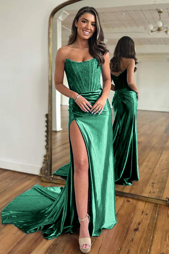 Sparkly Dark Green Sheath Corset Long Formal Dress with Lace