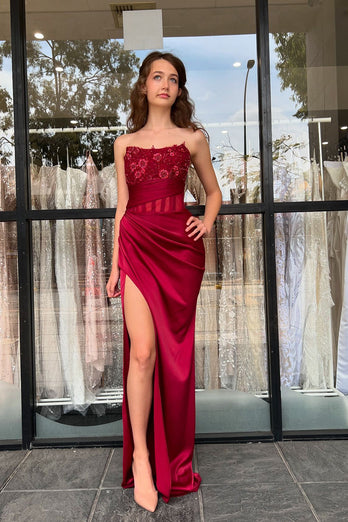 Floral Burgundy Corset Long Formal Dress with Slit