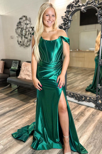 Dark Green Off The Shoulder Mermaid Corset Long Formal Dress with Slit