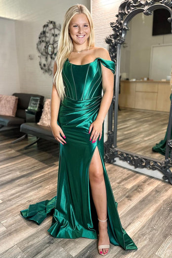 Dark Green Off The Shoulder Mermaid Corset Long Formal Dress with Slit