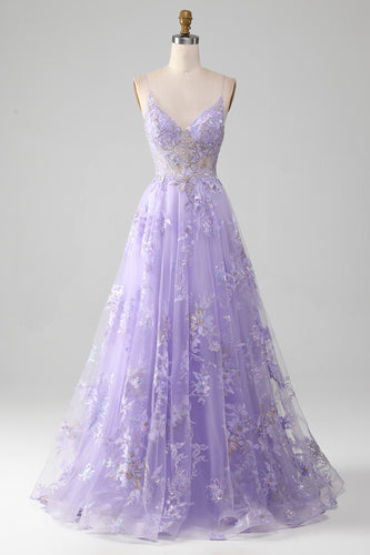 Tulle Spaghetti Straps Purple Sequins Formal Dress with Appliques