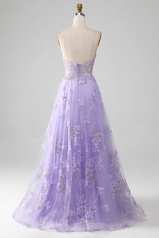 Tulle Spaghetti Straps Purple Sequins Formal Dress with Appliques