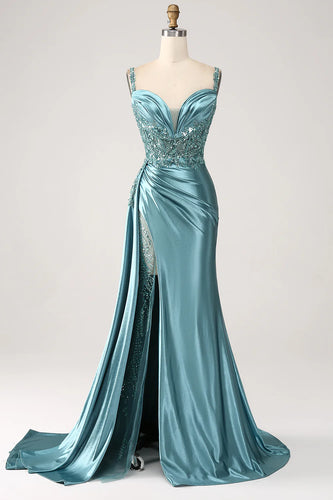 Sparkly Blue Mermaid Corset Satin Long Formal Dress with Slit