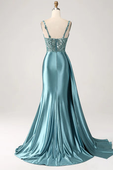 Sparkly Blue Mermaid Corset Satin Long Formal Dress with Slit