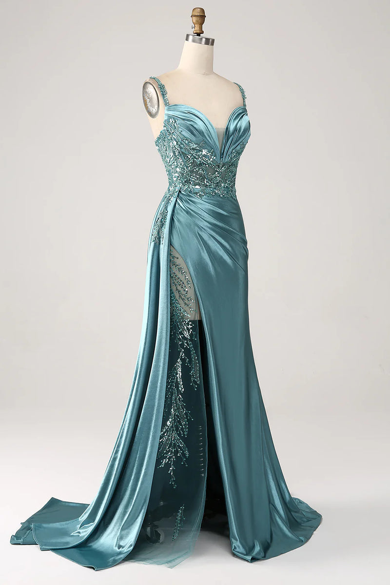 Load image into Gallery viewer, Sparkly Blue Mermaid Corset Satin Long Formal Dress with Slit