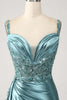 Load image into Gallery viewer, Sparkly Blue Mermaid Corset Satin Long Formal Dress with Slit