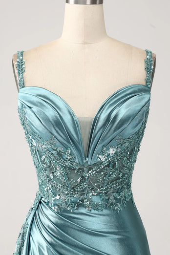 Sparkly Blue Mermaid Corset Satin Long Formal Dress with Slit