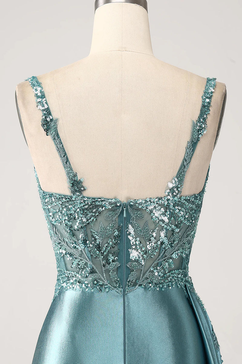 Load image into Gallery viewer, Sparkly Blue Mermaid Corset Satin Long Formal Dress with Slit