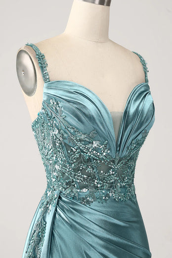 Sparkly Blue Mermaid Corset Satin Long Formal Dress with Slit