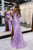 Load image into Gallery viewer, Fuchsia Spaghetti Straps Satin Mermaid Formal Dress with Slit