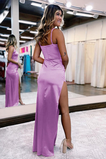 Hot Pink Satin V-Neck Simple Formal Dress with Slit