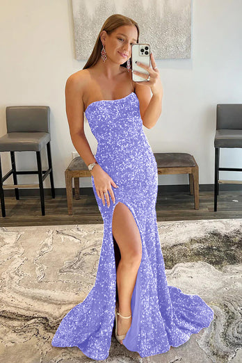 Royal Blue Strapless Sequins Long Mermaid Formal Dress With Slit