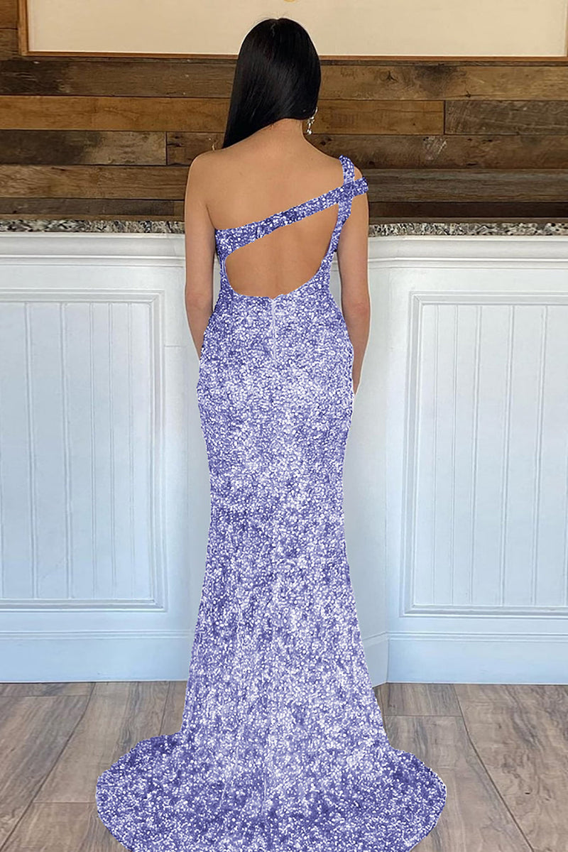 Load image into Gallery viewer, Mermaid One Shoulder Dark Purple Sequins Long Formal Dress