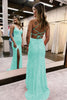 Load image into Gallery viewer, Sparkly Dark Green Open Back Sequins Long Formal Dress with Slit