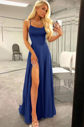 Royal Blue Halter Backless A Line Formal Dress