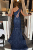 Load image into Gallery viewer, Sparkly Sheath One Shoulder Navy Sequins Long Formal Dress with Slit