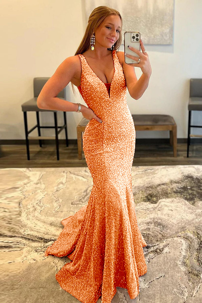 Load image into Gallery viewer, Light Pink Deep V Neck Mermaid Formal Dress