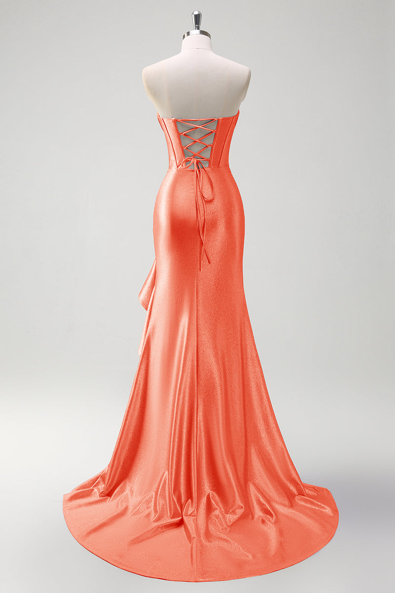 Load image into Gallery viewer, Sparkly Pink Corset Long Satin Formal Dress with Ruffles Slit