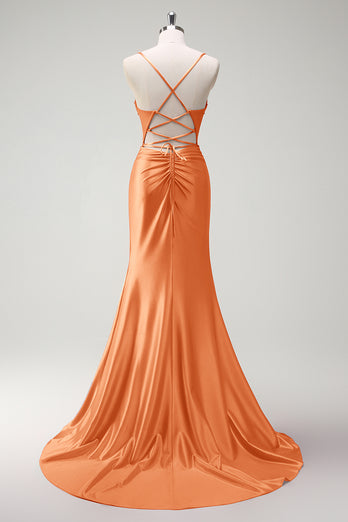 Sparkly Orange Beaded Corset Long Satin Formal Dress with Slit