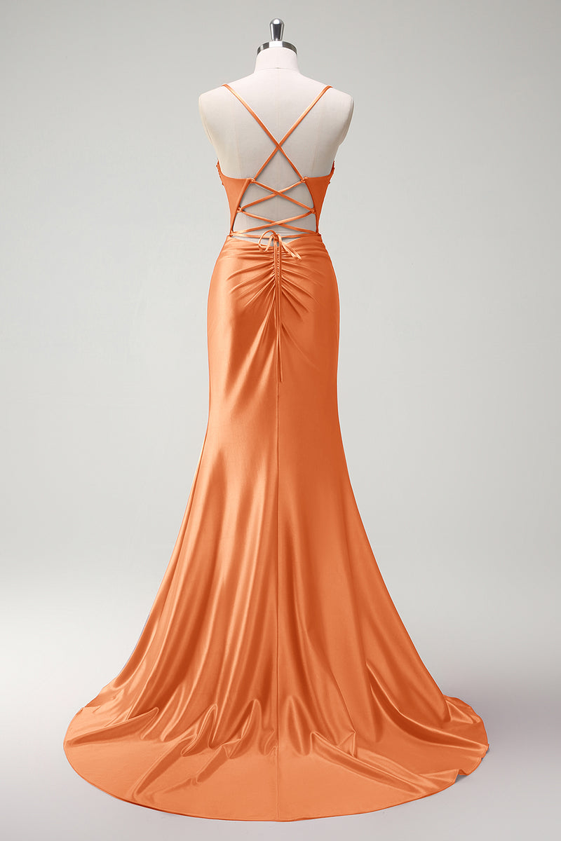 Load image into Gallery viewer, Sparkly Orange Beaded Corset Long Satin Formal Dress with Slit