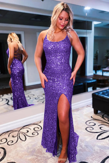 Sparkly Royal Blue Backless Sequins Long Formal Dress with Slit