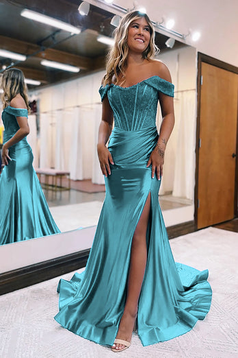 Glitter Royal Blue Corset Mermaid Long Formal Dress with Slit