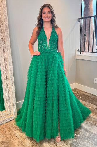 Sparkly Green Corset Halter Ruffled Long Tulle Formal Dress