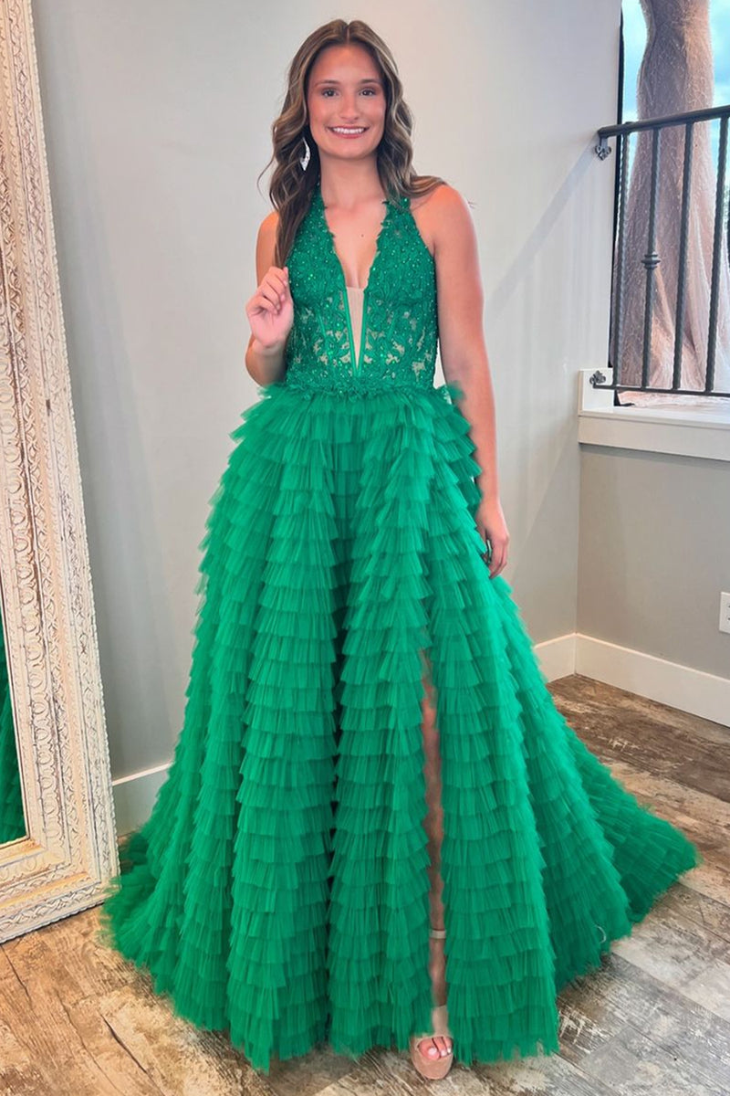 Load image into Gallery viewer, Sparkly Green Corset Halter Ruffled Long Tulle Formal Dress