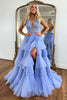 Load image into Gallery viewer, Sparkly Lilac A-Line Corset Halter Ruffled Long Tulle Formal Dress with Slit