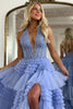 Load image into Gallery viewer, Sparkly Lilac A-Line Corset Halter Ruffled Long Tulle Formal Dress with Slit