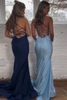 Load image into Gallery viewer, Navy Mermaid Lace-up Back Spaghetti Straps Long Satin Formal Dress